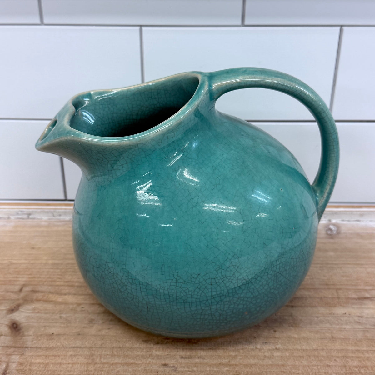 Turquoise Blue Crackle Glaze Ceramic Pottery Pitcher