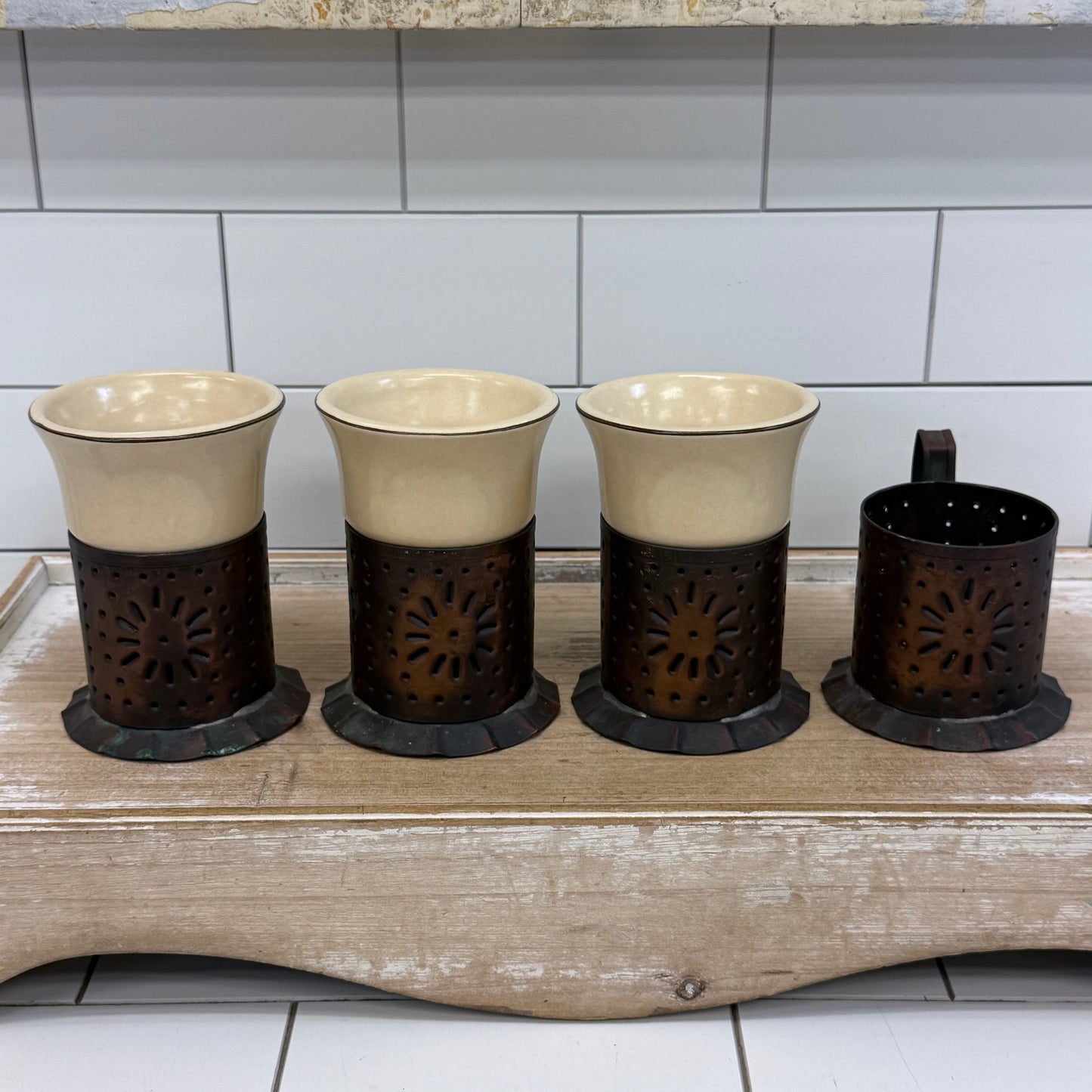 Pfaltzgraff Village Copper Mug Holders & Stoneware Inserts Set