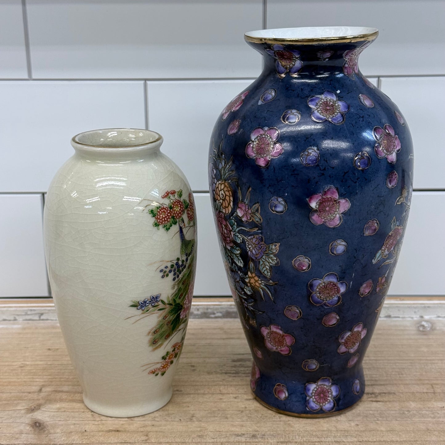 Porcelain Peacock & Floral Vases Set of 2