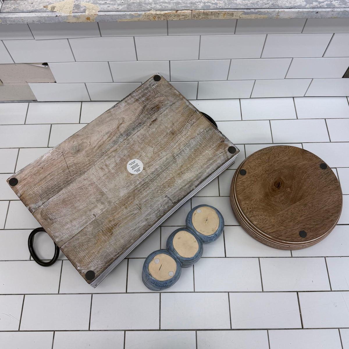 Rustic Wood Tray Bowl & Blue Ceramic Decor Set