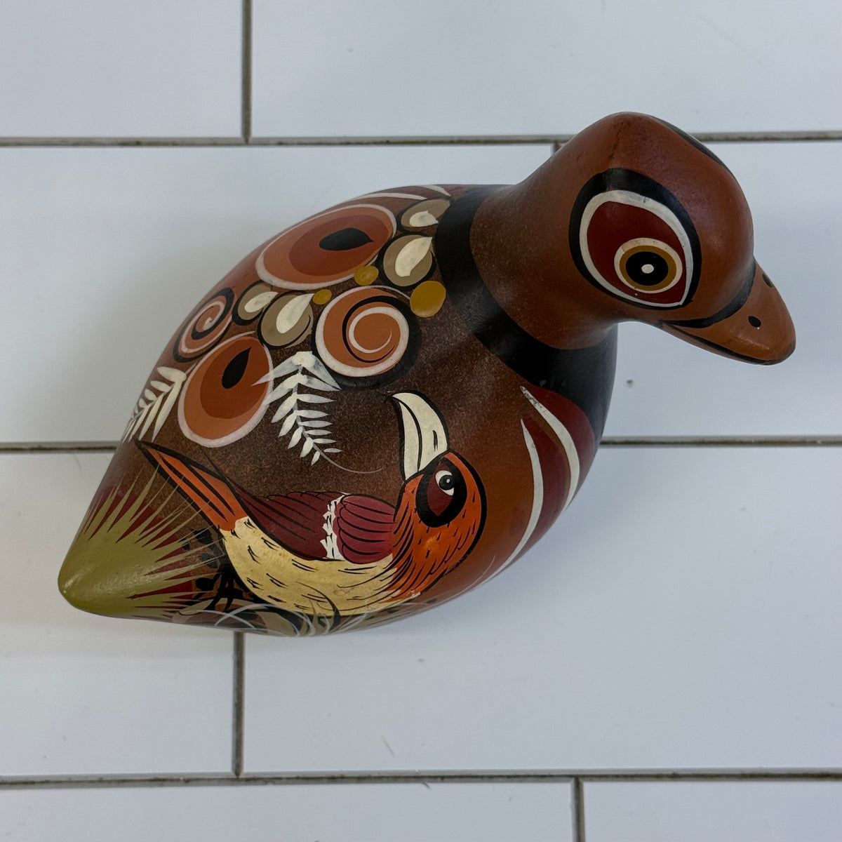 Vintage Mexican Folk Art Hand Painted Pottery Pheasant Bird