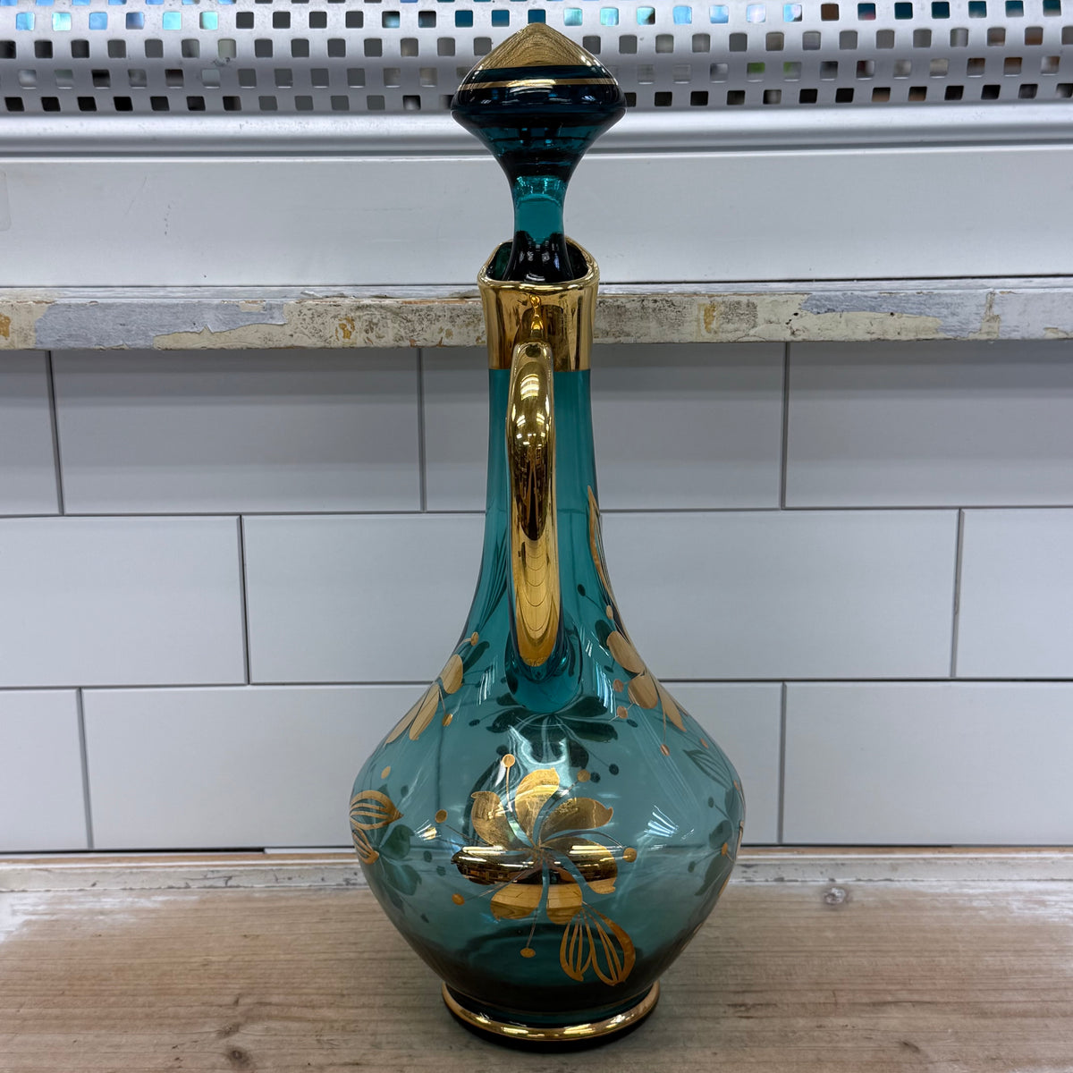 Italian Blue Glass Decanter & 6 Goblets Gold Floral Set