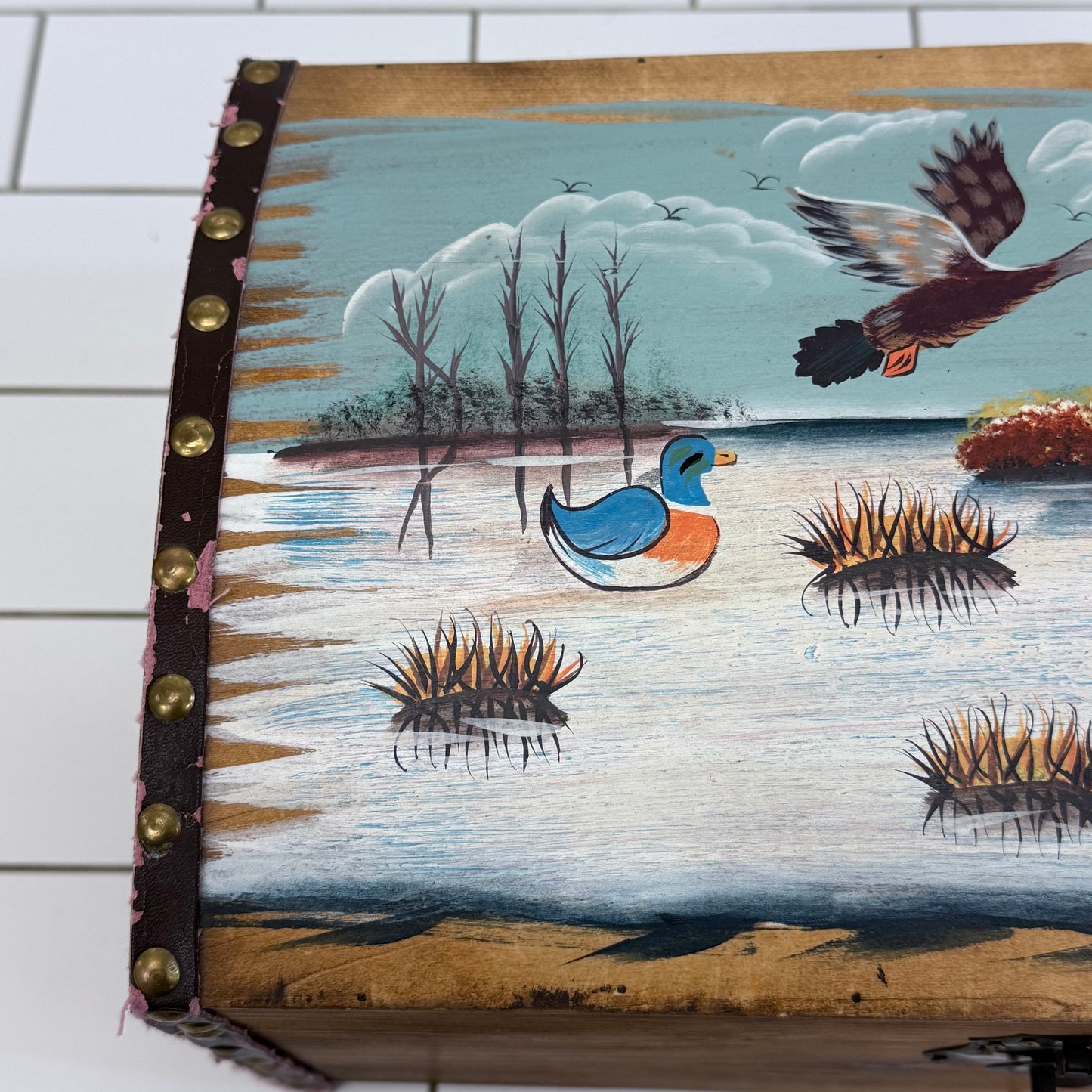 Hand Painted Duck Hunting Wooden Treasure Chest Storage Box Rustic