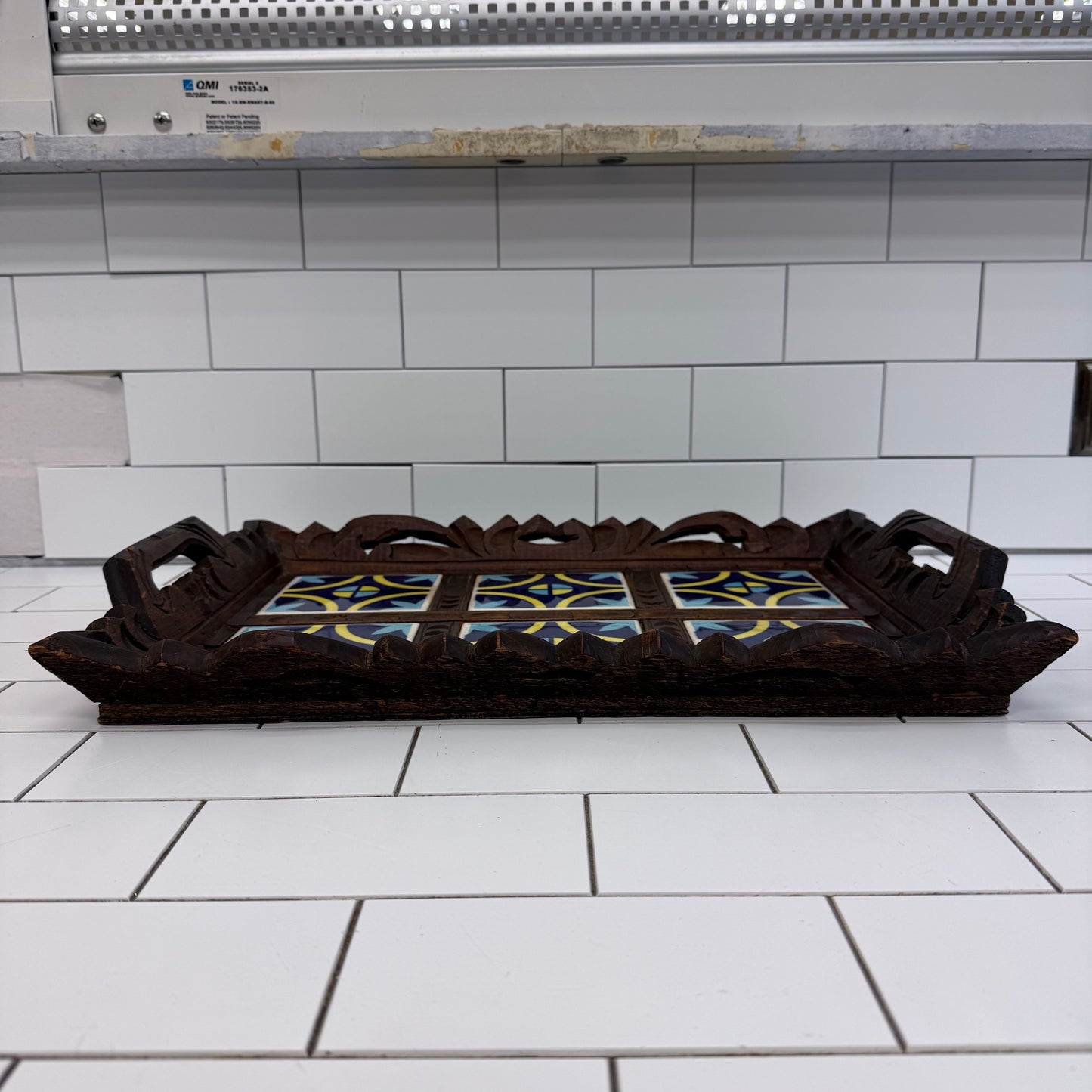Carved Wood Ceramic Tile Serving Tray Vintage 20”