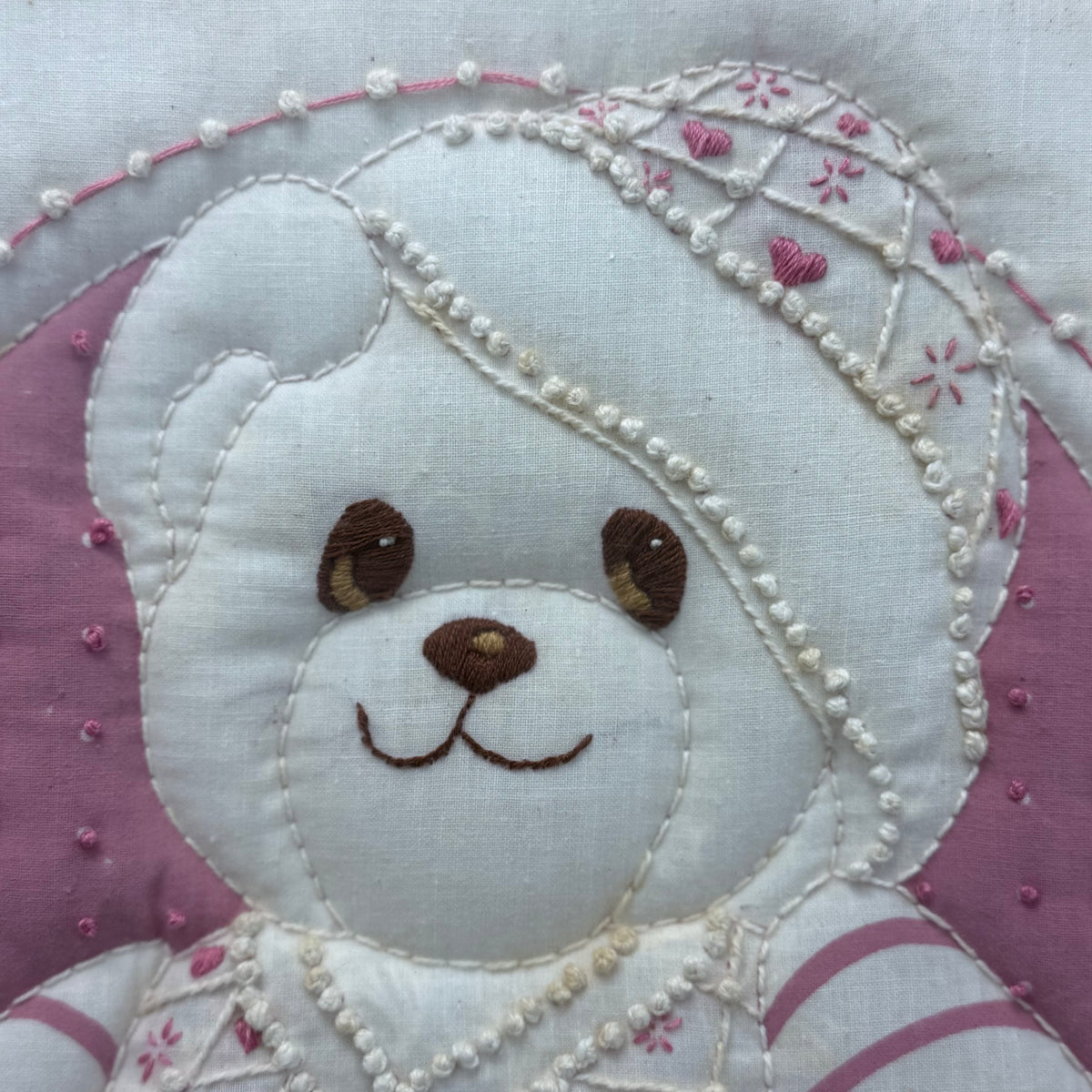 Teddy Bear Embroidery Pink Pajamas Nursery Textile Wall Art