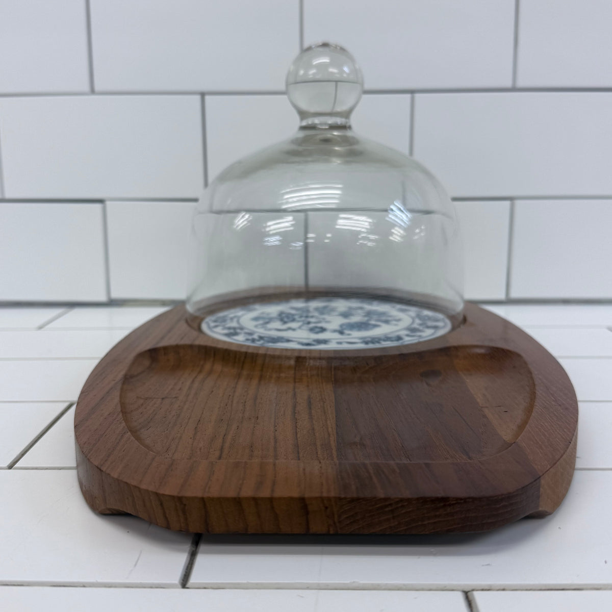 Dolphin Teak Cheese Board Glass Cloche Blue Danube