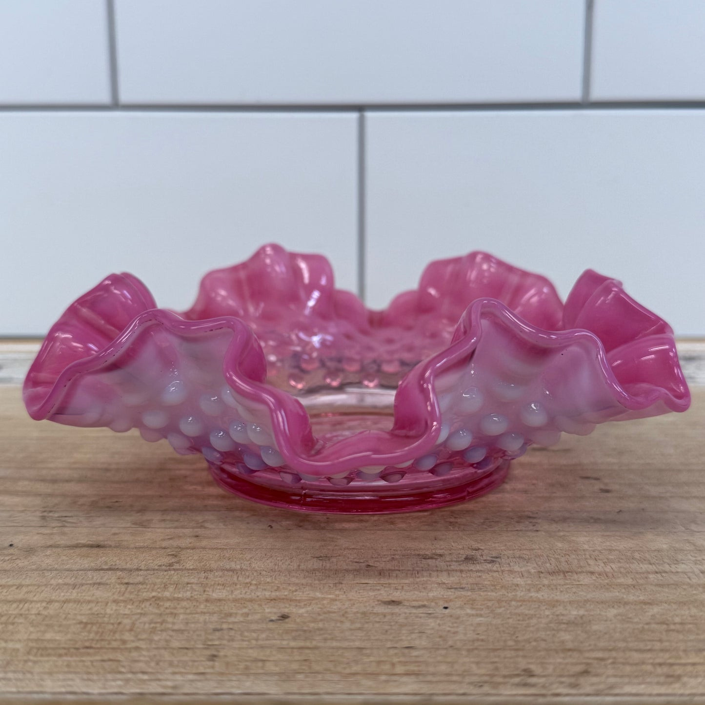 Fenton Cranberry Opalescent Hobnail Ruffled Candy Dish 6 Inch