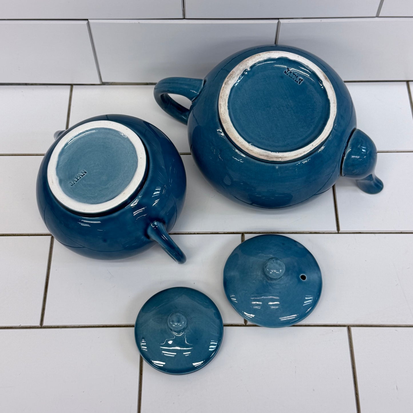 Japanese Blue Glazed Porcelain Tea Set 18 Piece Mid Century