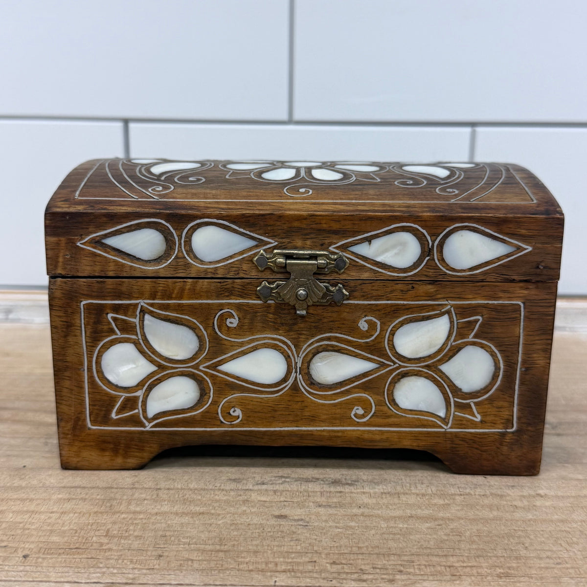 Wood Mother of Pearl Inlay Jewelry Trinket Box