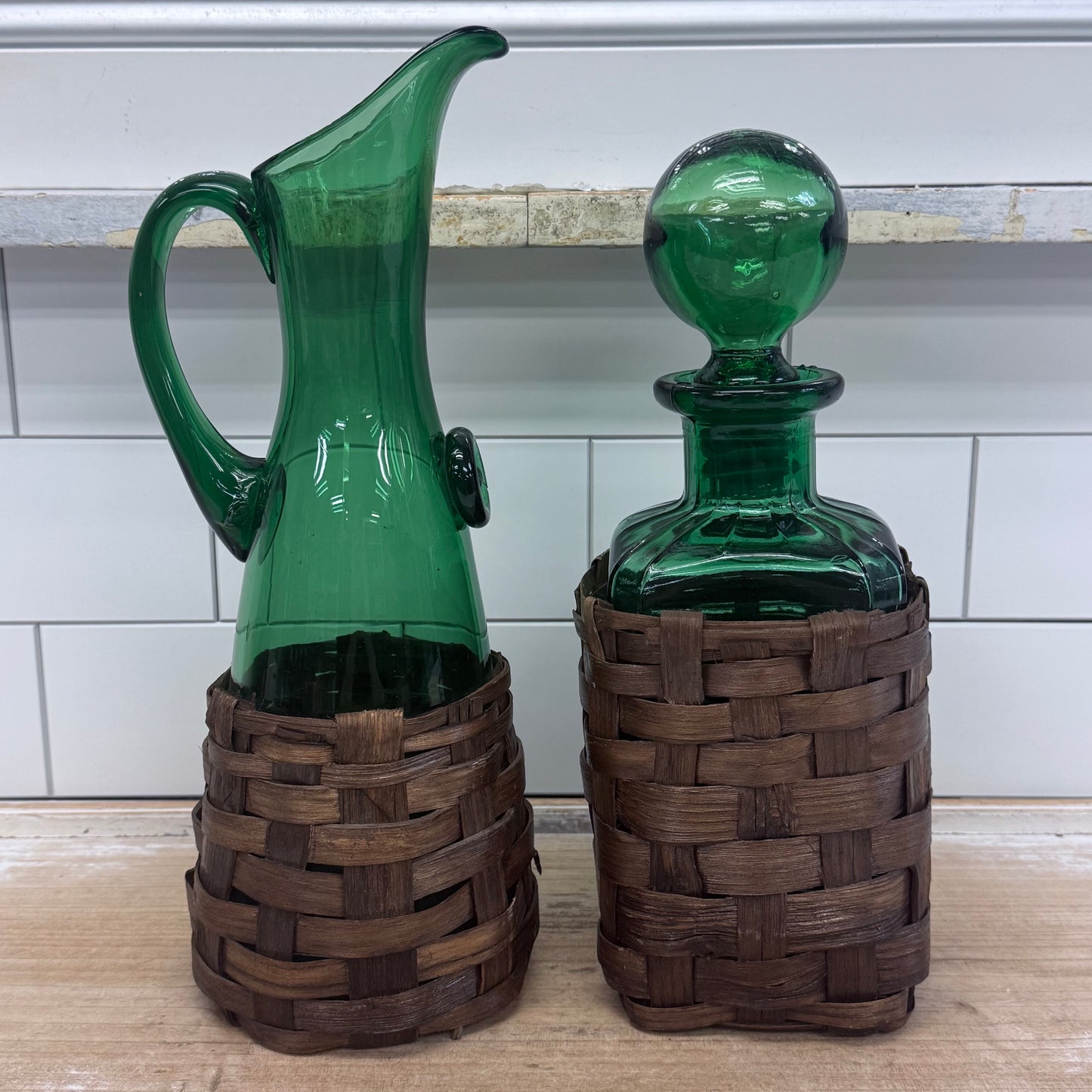 Spanish Emerald Green Art Glass Decanter & Pitcher Set 1960s