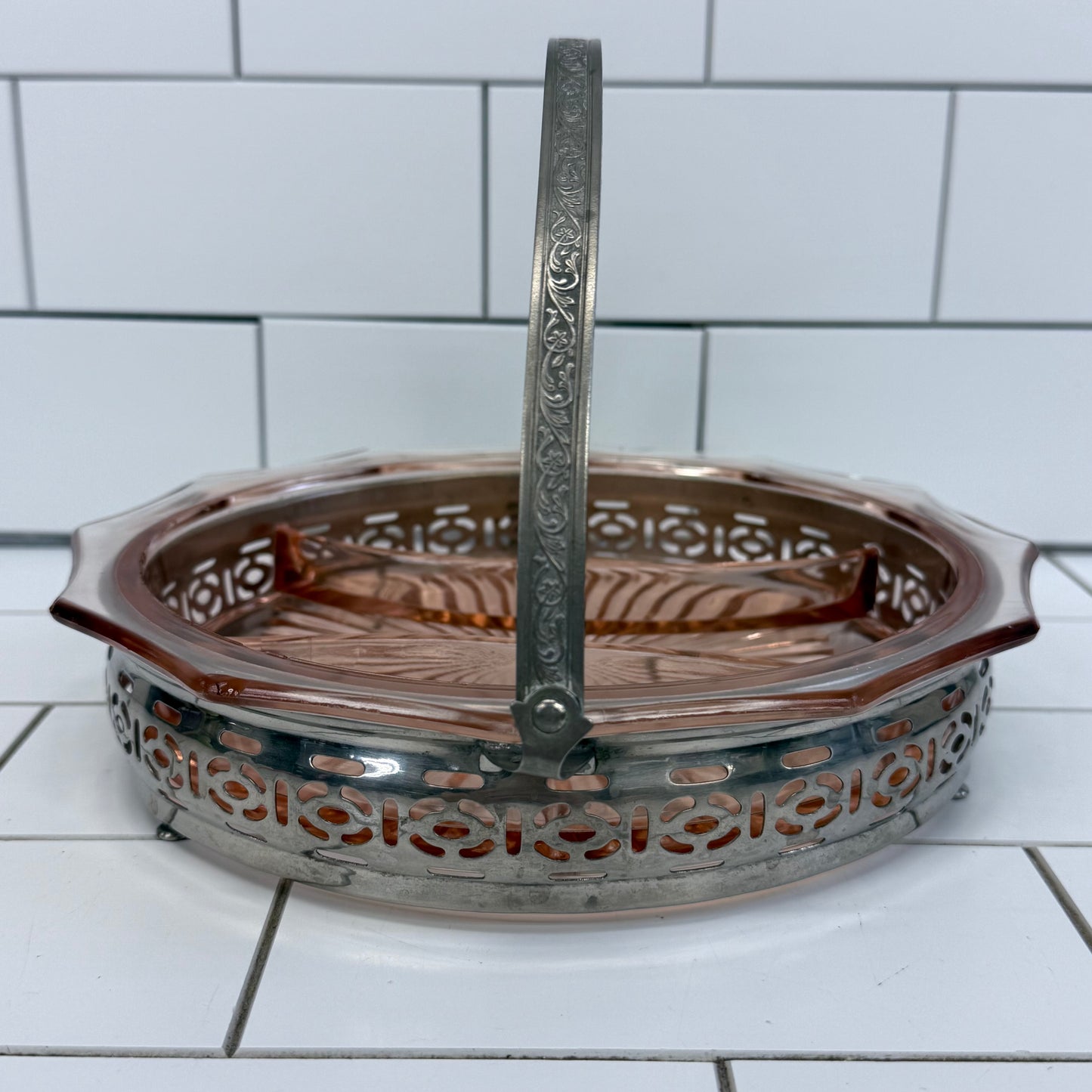 Pink Depression Glass Divided Relish Tray Carrier