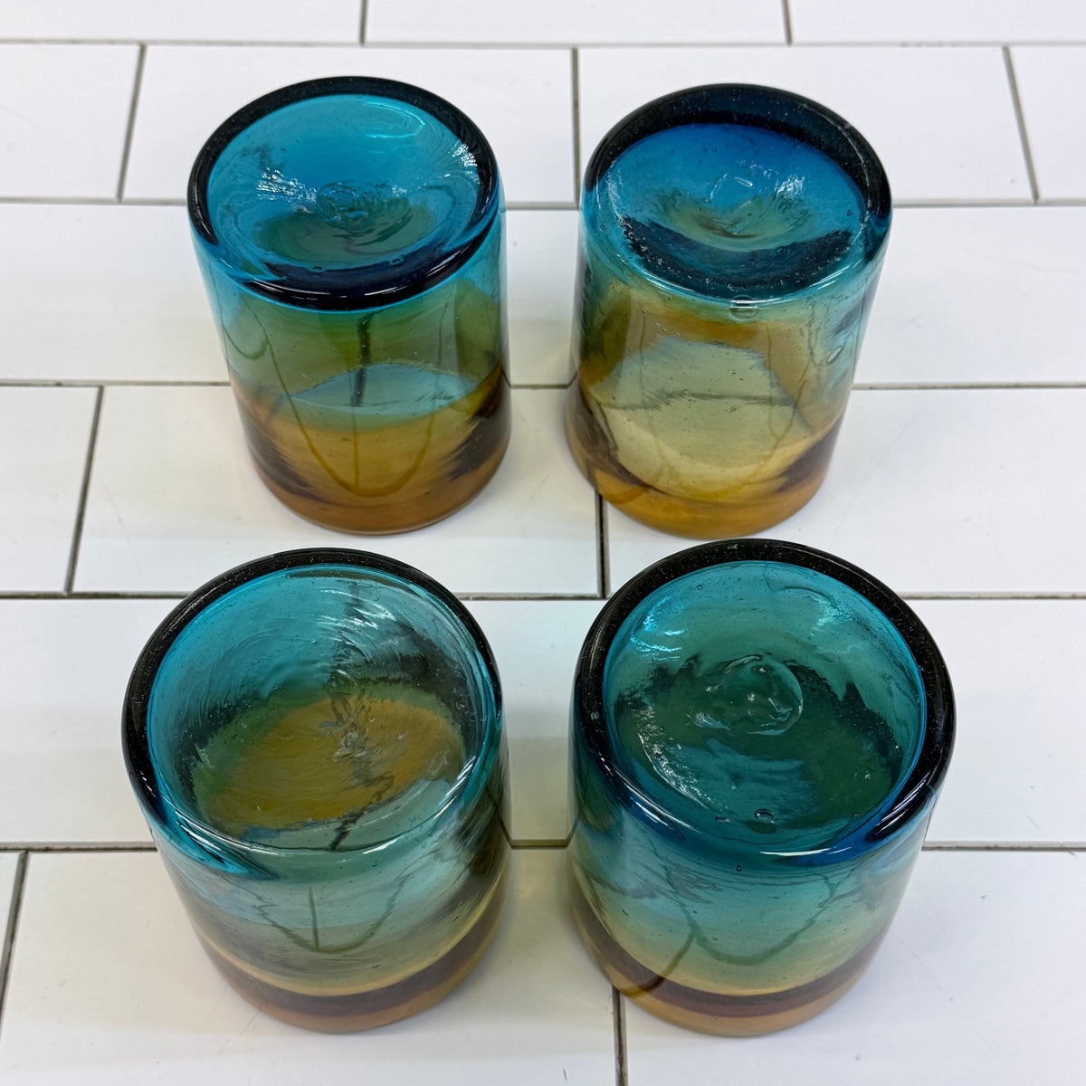 Handblown Ombré Amber Blue Green Art Glass Tumbler Set of 4