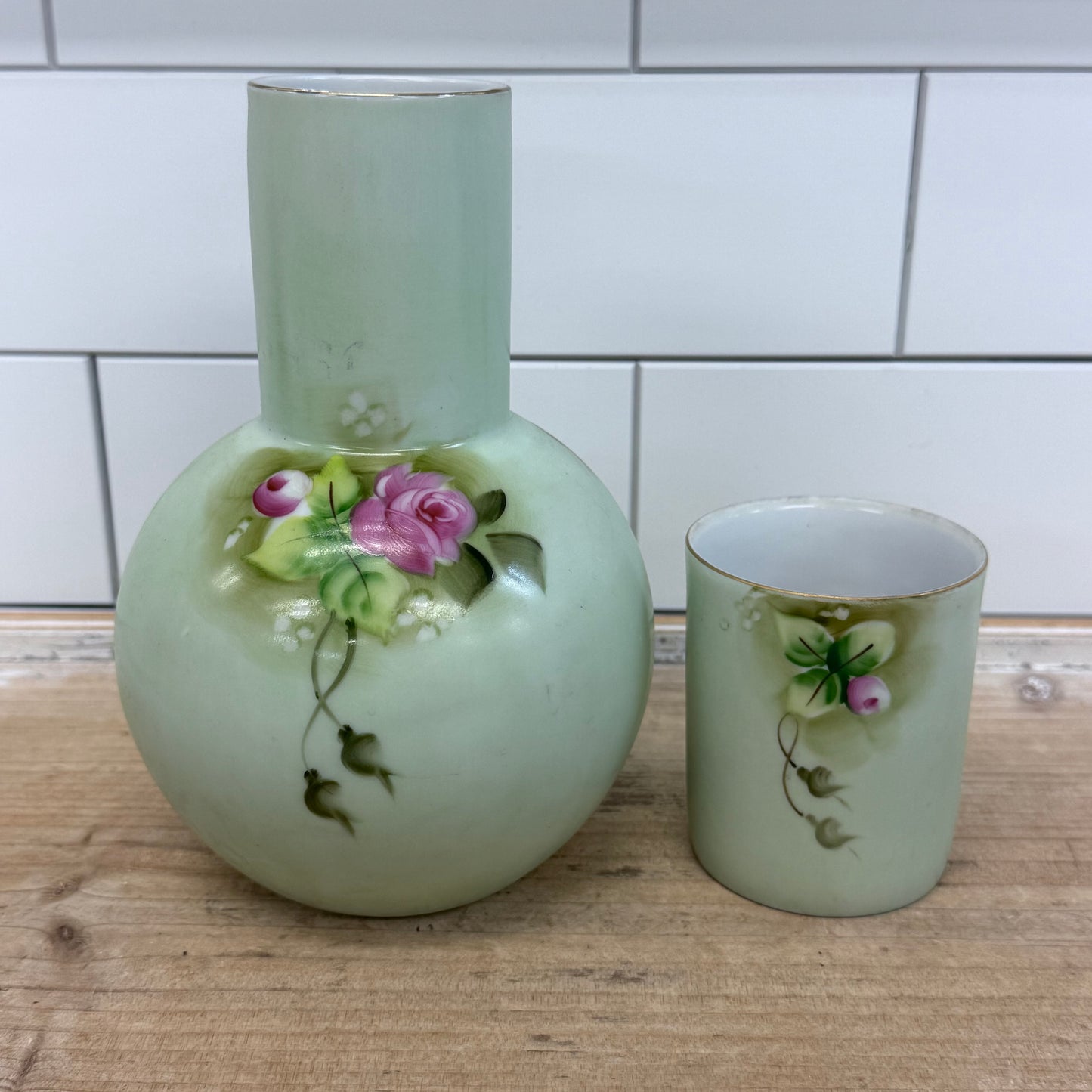 Lefton Heritage Green Rose Bedside Carafe & Cup 1950s-1960s