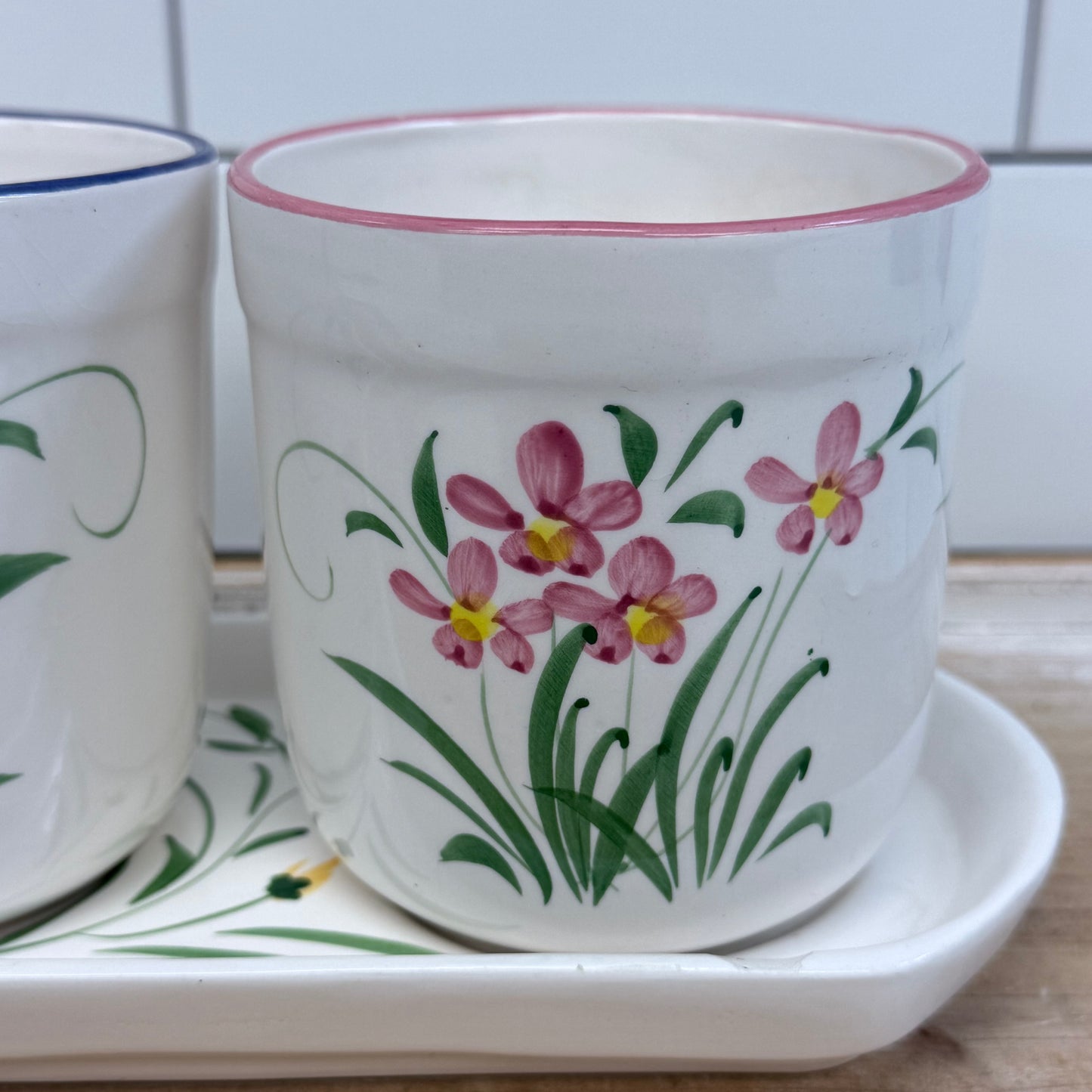 Hand Painted Floral Planter Pots & Tray Set Ceramic Garden Decor