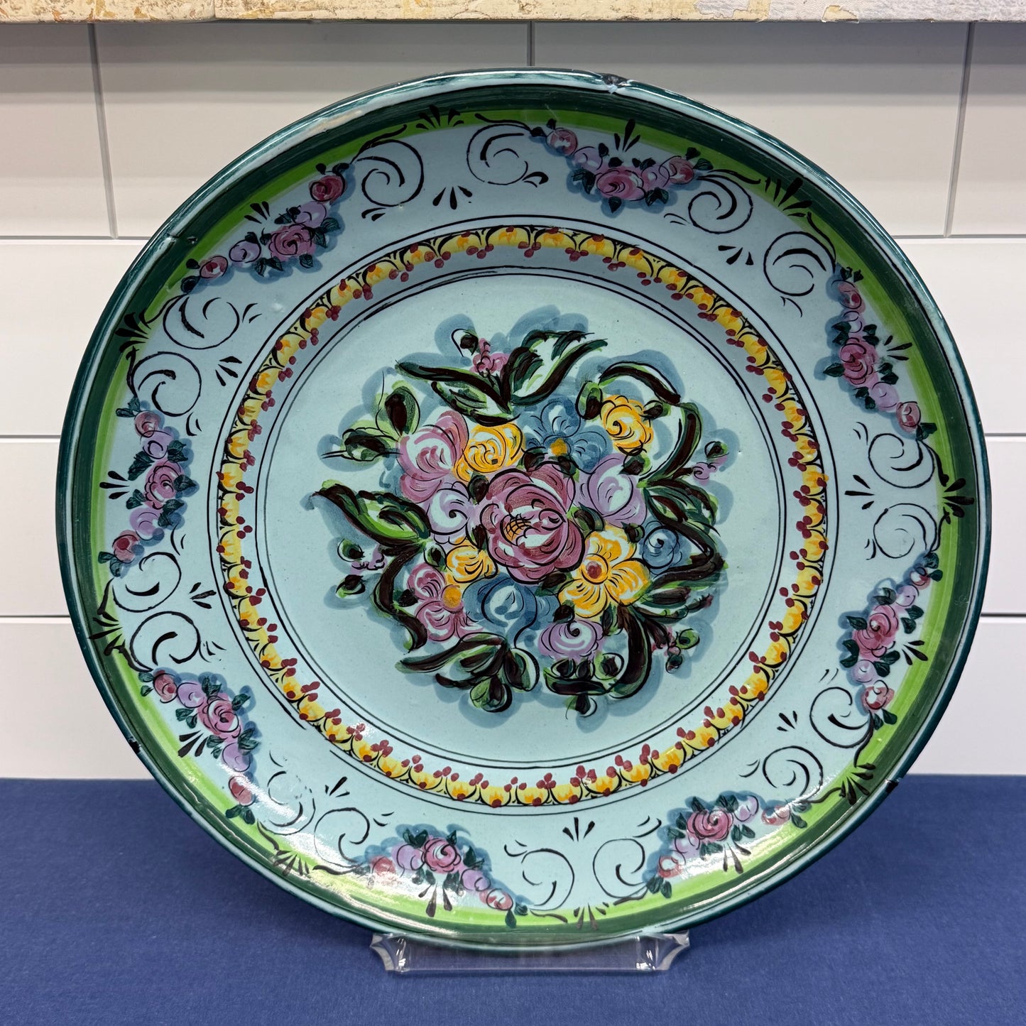 Hand Painted Floral Dish Signed Mediterranean Decor