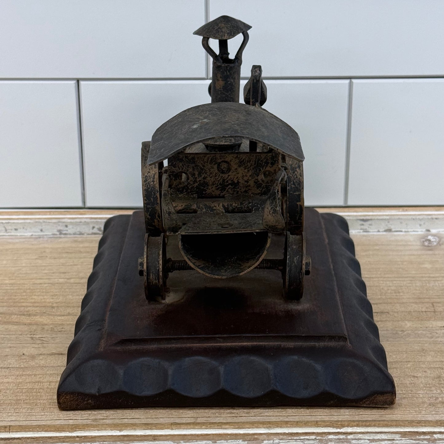Steam Locomotive Metal Sculpture on Carved Wood Base
