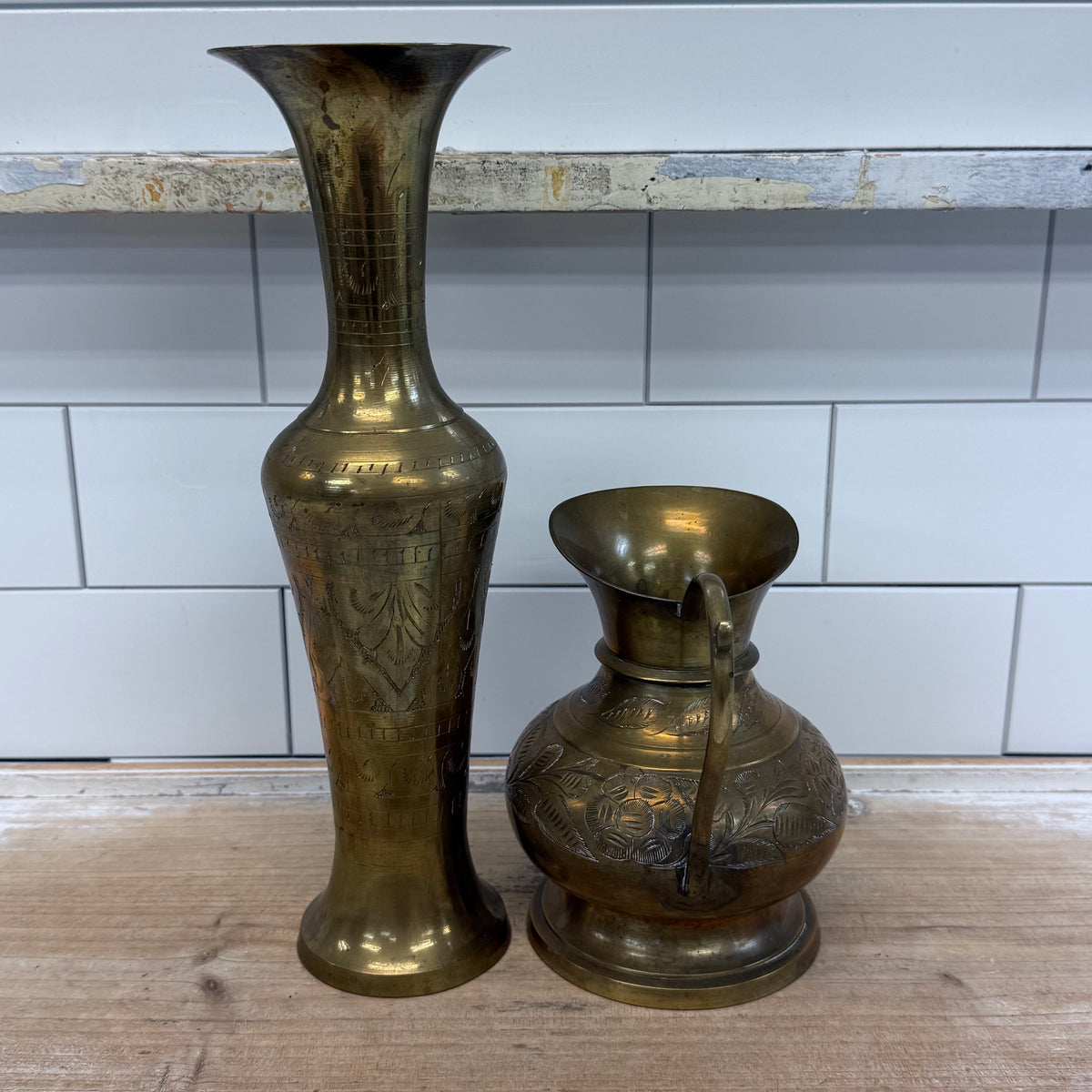 Vintage Indian Engraved Brass Pitcher & Vase Set 1960s–70s