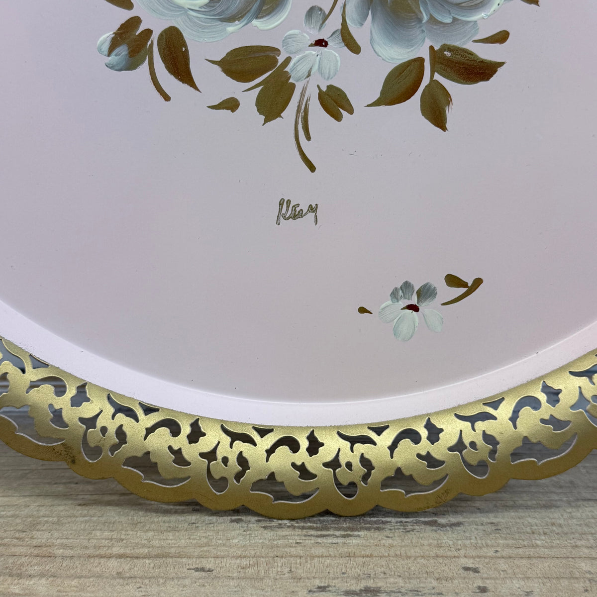 Vintage Hand Painted Pink Floral Tole Metal Tray 15”