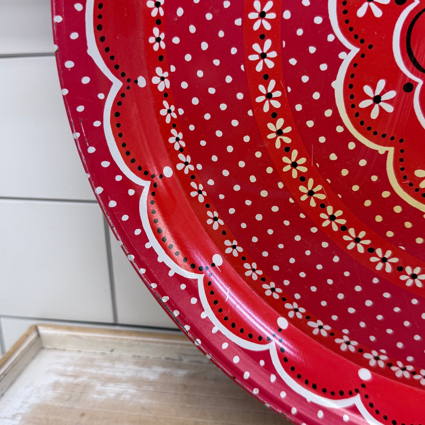 Folk Art Metal Serving Tray with Polka Dot Floral Design