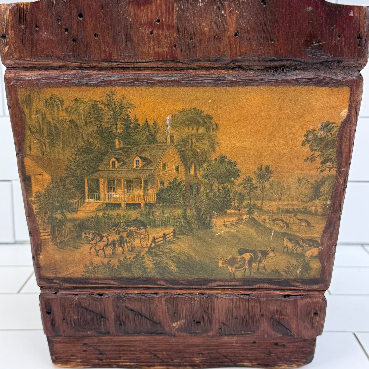 Colonial Americana Wood Wastebasket Scenic Panels