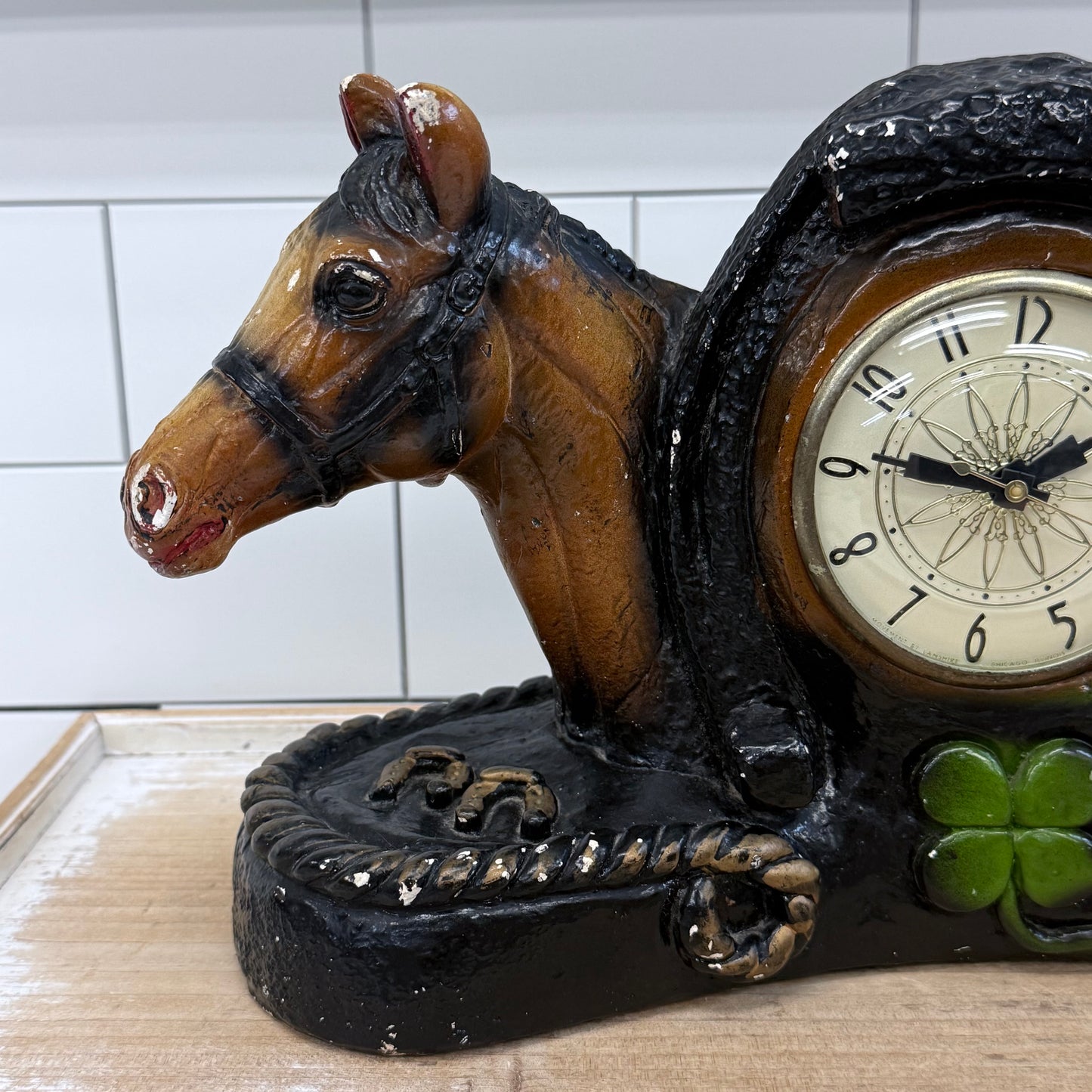 Lanshire Horse Chalkware Mantel Clock 1950s