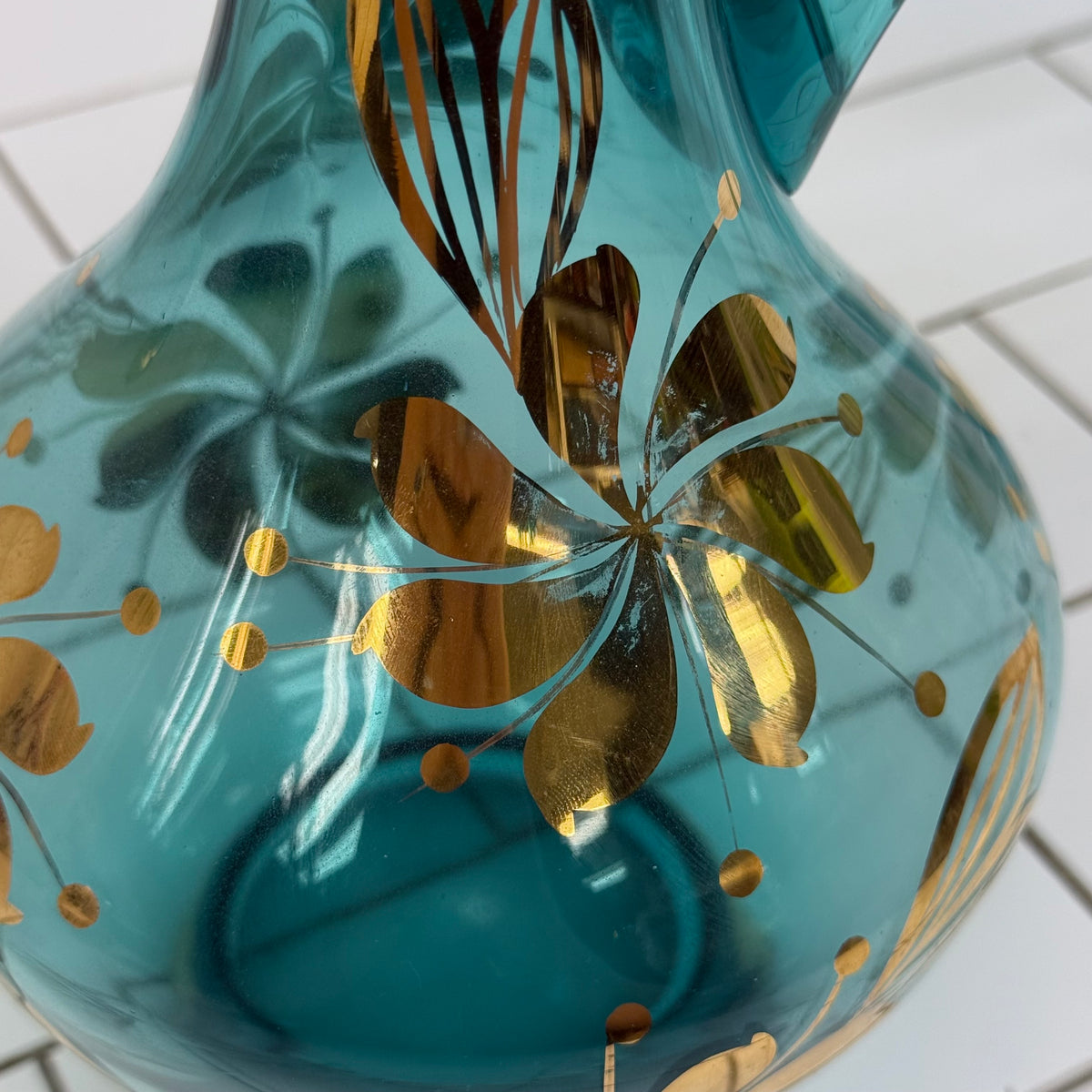 Italian Blue Glass Decanter & 6 Goblets Gold Floral Set