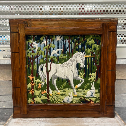 Needlepoint “Forest Unicorn” Framed & Signed, 1982