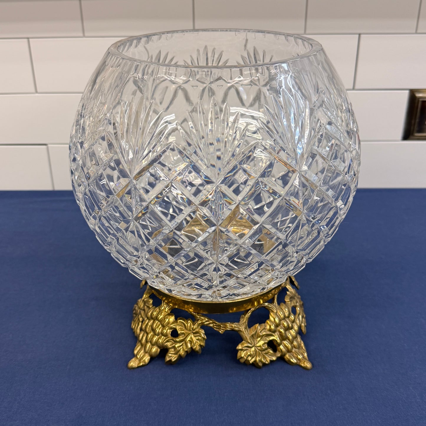 Hollywood Regency Cut Crystal Rose Bowl Brass Stand