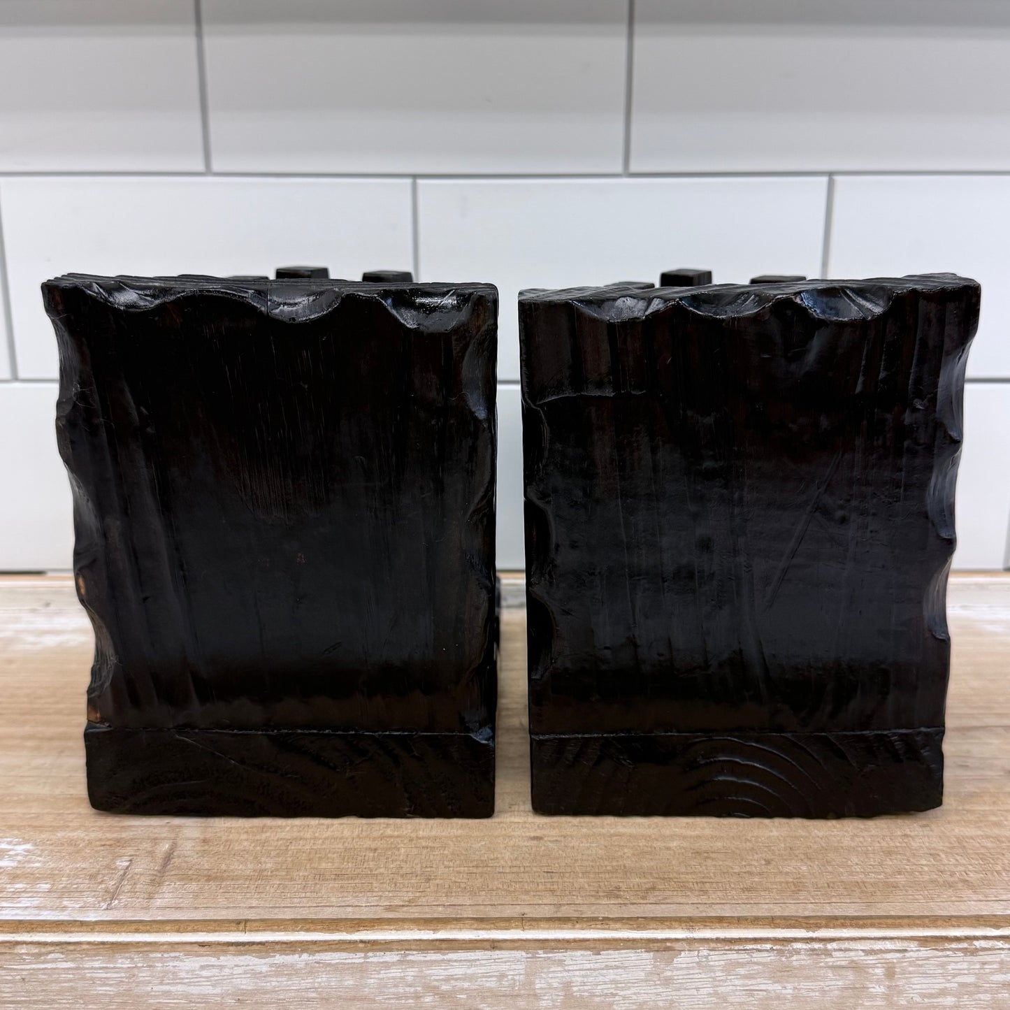 Spanish Carved Wood Bookends Castle Turret Medieval Style Pair