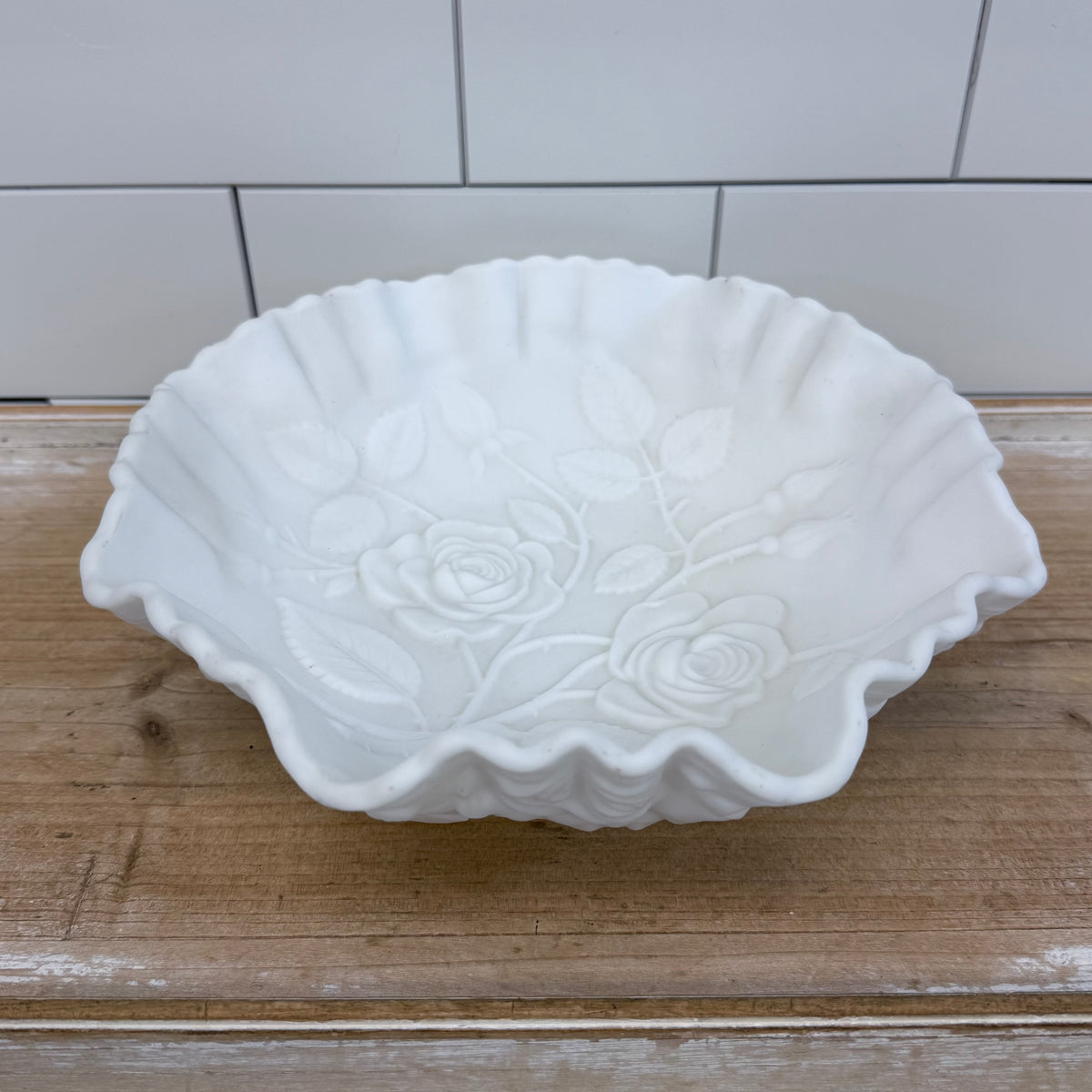 White Milk Glass Rose Bowl with Ruffled Rim