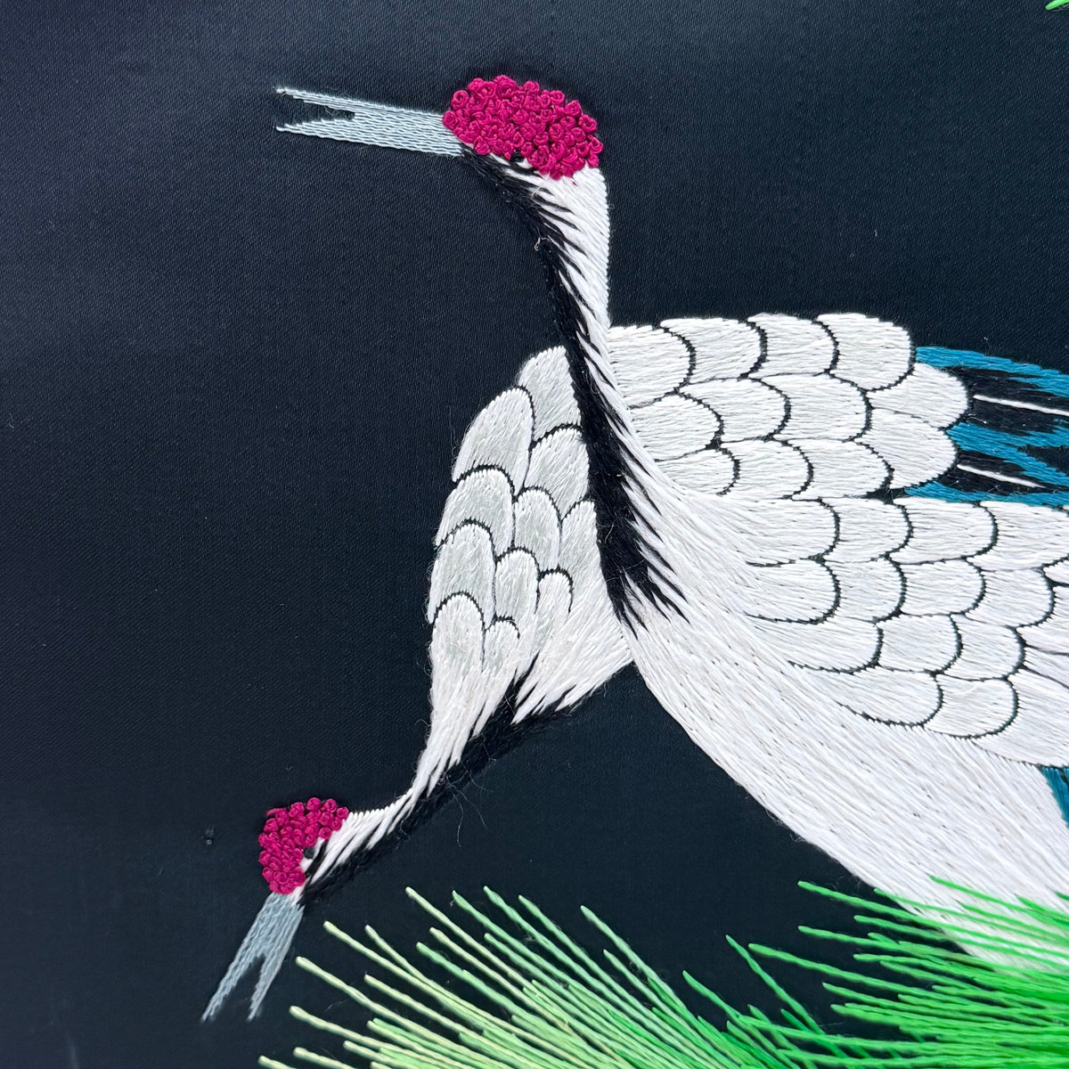 Crane Bird Embroidery Pine Tree Asian Style Textile Wall Art