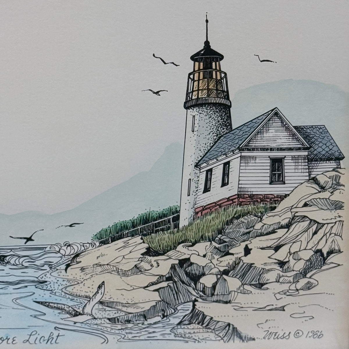 Shore Light Lighthouse Coastal Art Print 1986