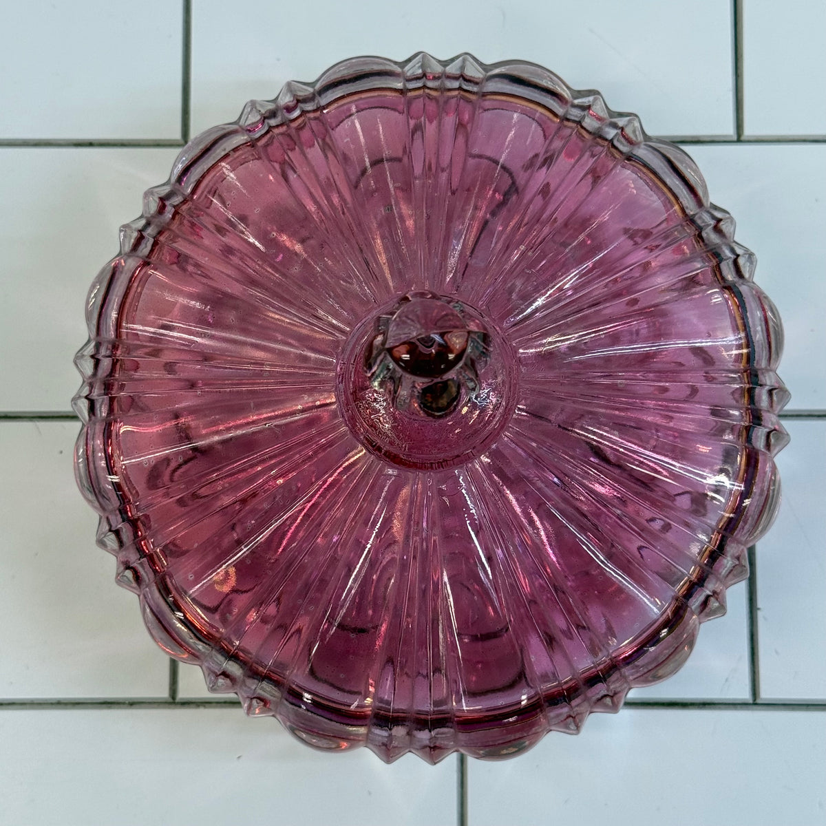 Vintage Cranberry Pink Clear Pressed Glass Covered Candy Dish
