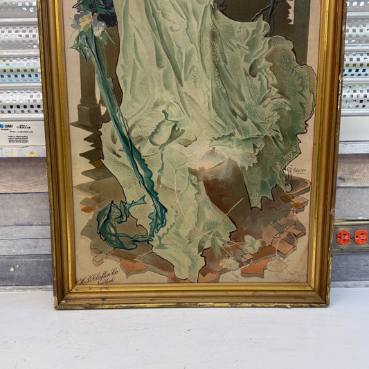 George Frederick Kaber Framed Art Nouveau Woman Lithograph