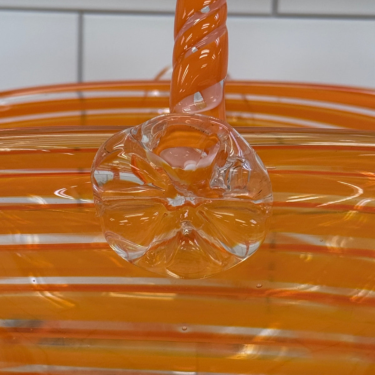 Orange Spiral Hand Blown Art Glass Basket with Handle