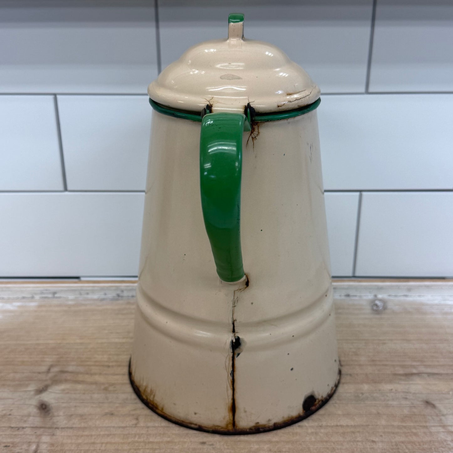 Farmhouse Cream Green Enamelware Coffee Pitcher
