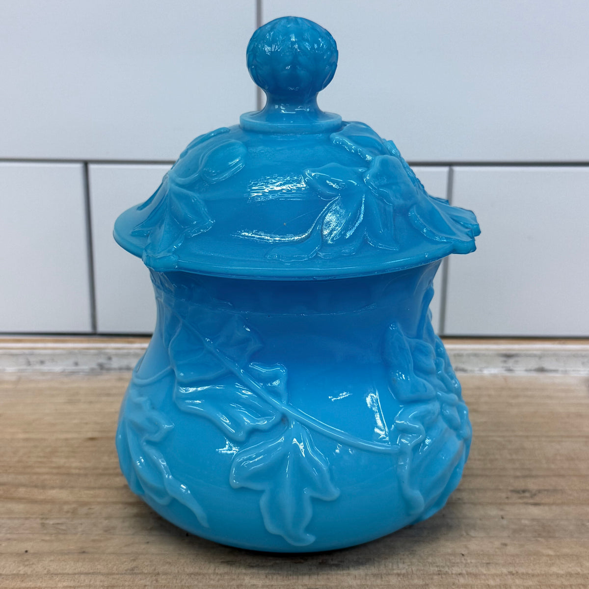 Blue Opal Glass Floral Jar Antique 1880s–1890s