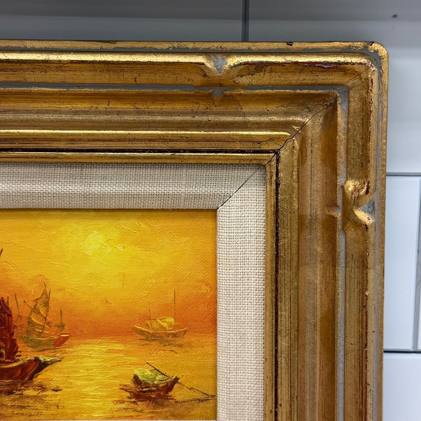 Sunset Junk Ships Original Oil Painting, Signed N.T. Fung