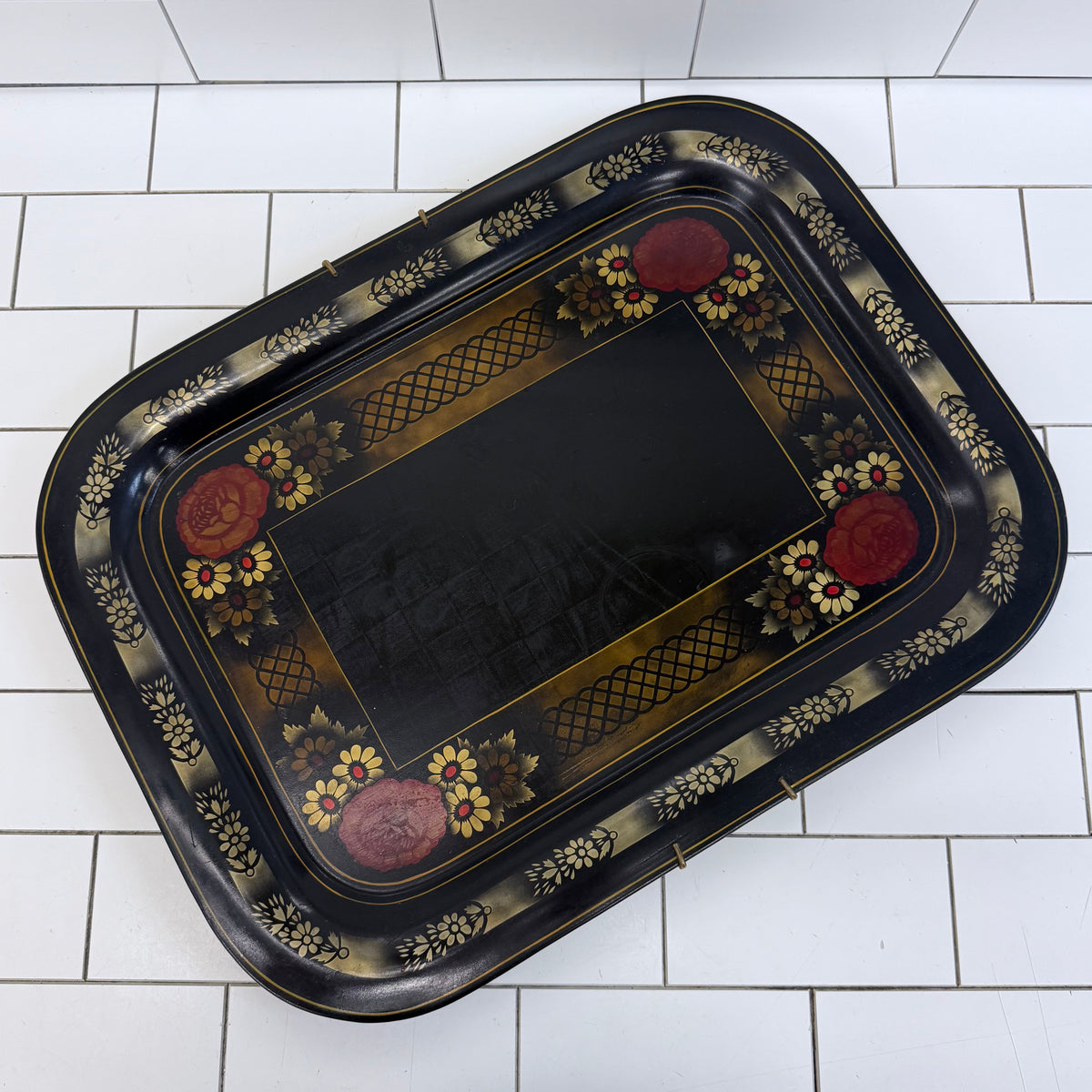Floral Stenciled Tin Tray Black Gold Toleware Vintage 1970s