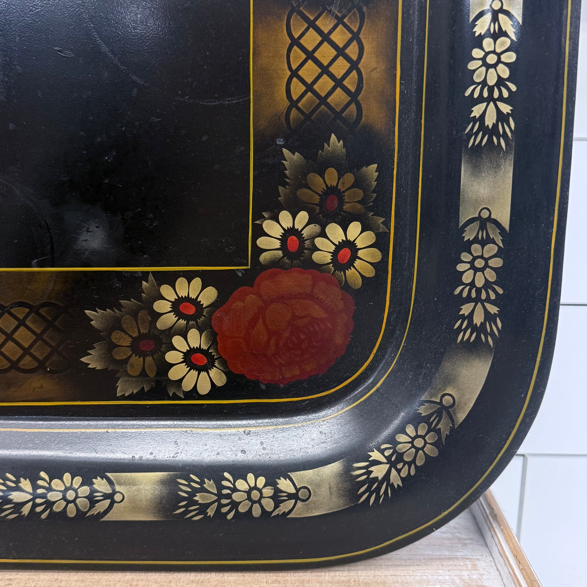 Floral Stenciled Tin Tray Black Gold Toleware Vintage 1970s