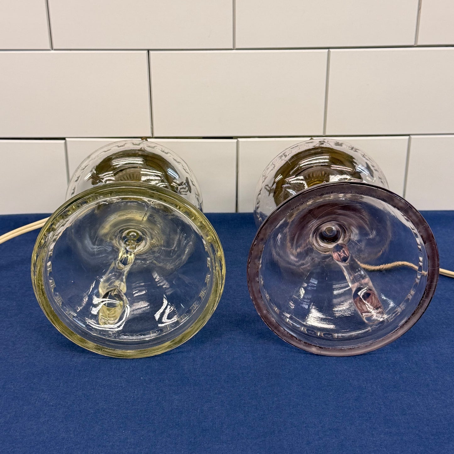 Electrified Glass Oil Finger Lamps with Chimneys Shades Set of 2