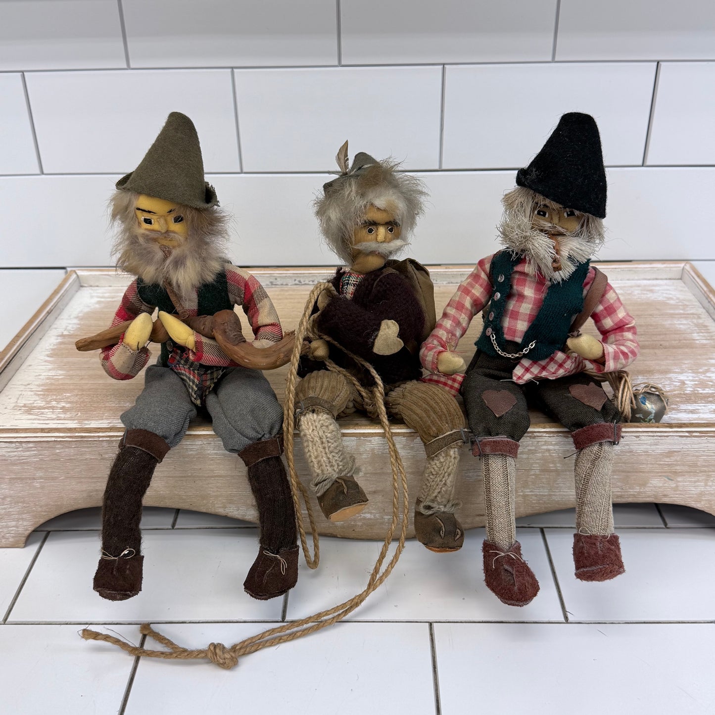 Scandinavian Alpine Folk Art Posable Dolls Set of 3 Vintage 1970s