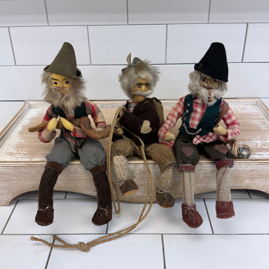 Scandinavian Alpine Folk Art Posable Dolls Set of 3 Vintage 1970s