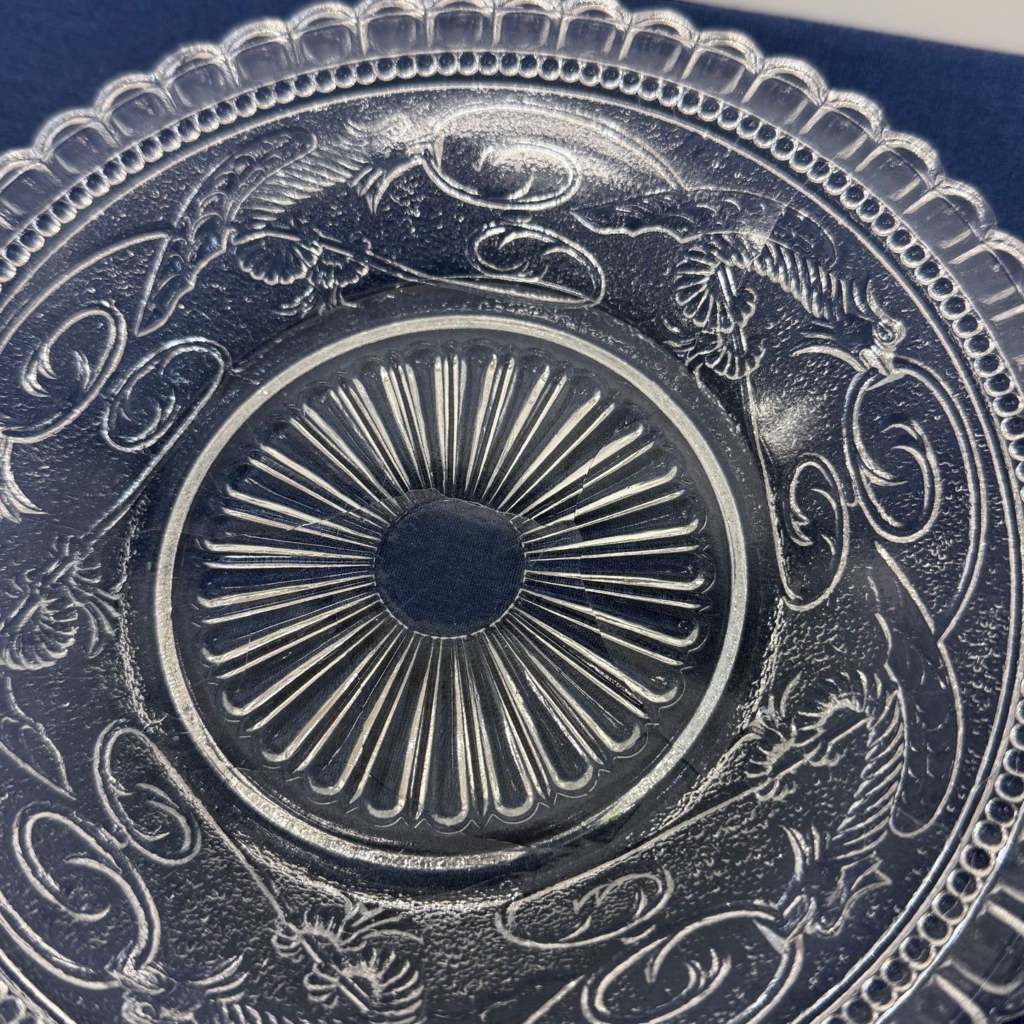 Vintage Dragon Motif Pressed Glass Plates Set of 11 Clear Dessert Plates