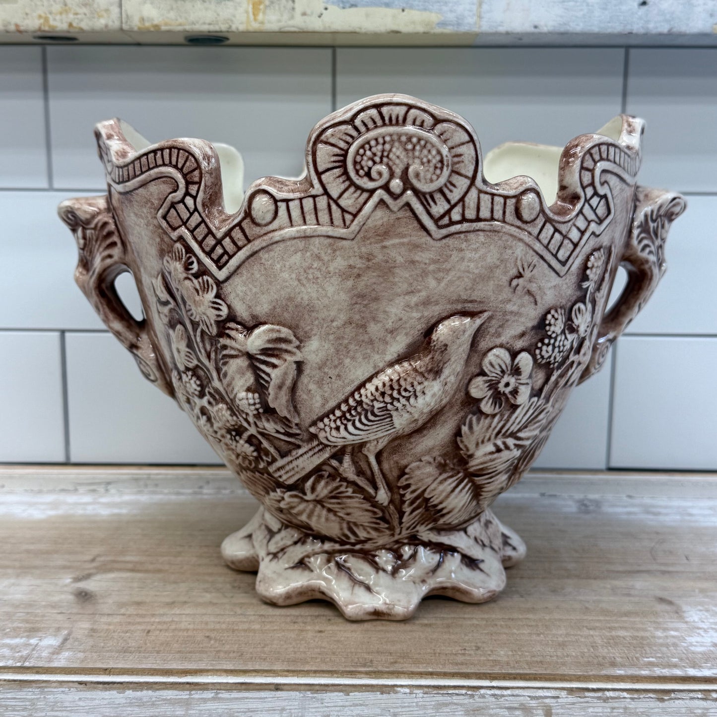 Relief Detailed Bird  Planter, Signed 1980
