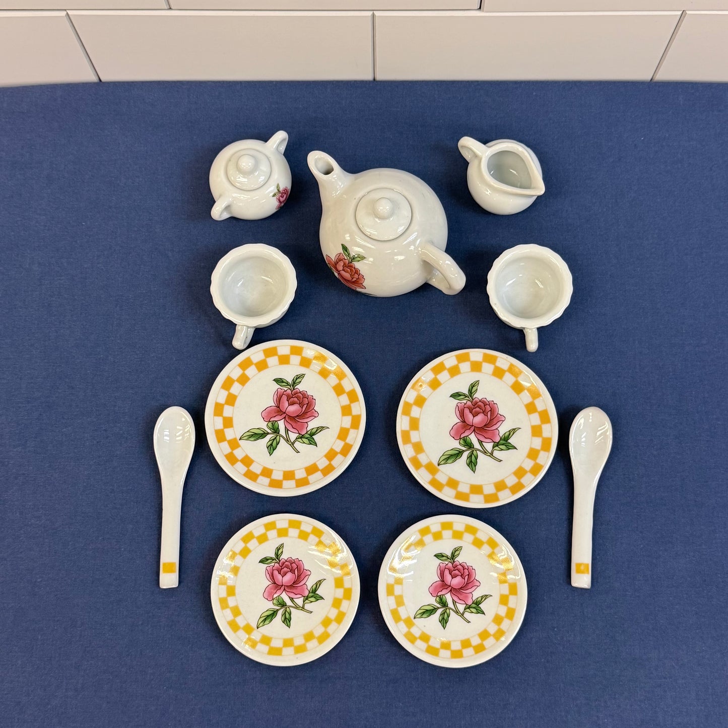 Delton Rose Child’s Porcelain Tea Set in Wicker Basket 1990s