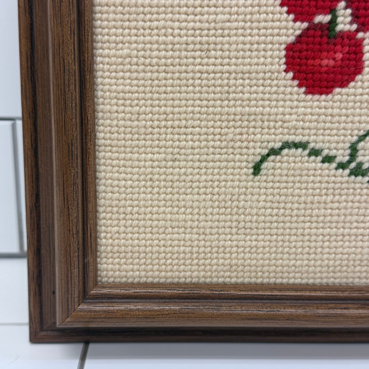 Cherries & Flowers Framed Embroidery Art Vintage 1970s