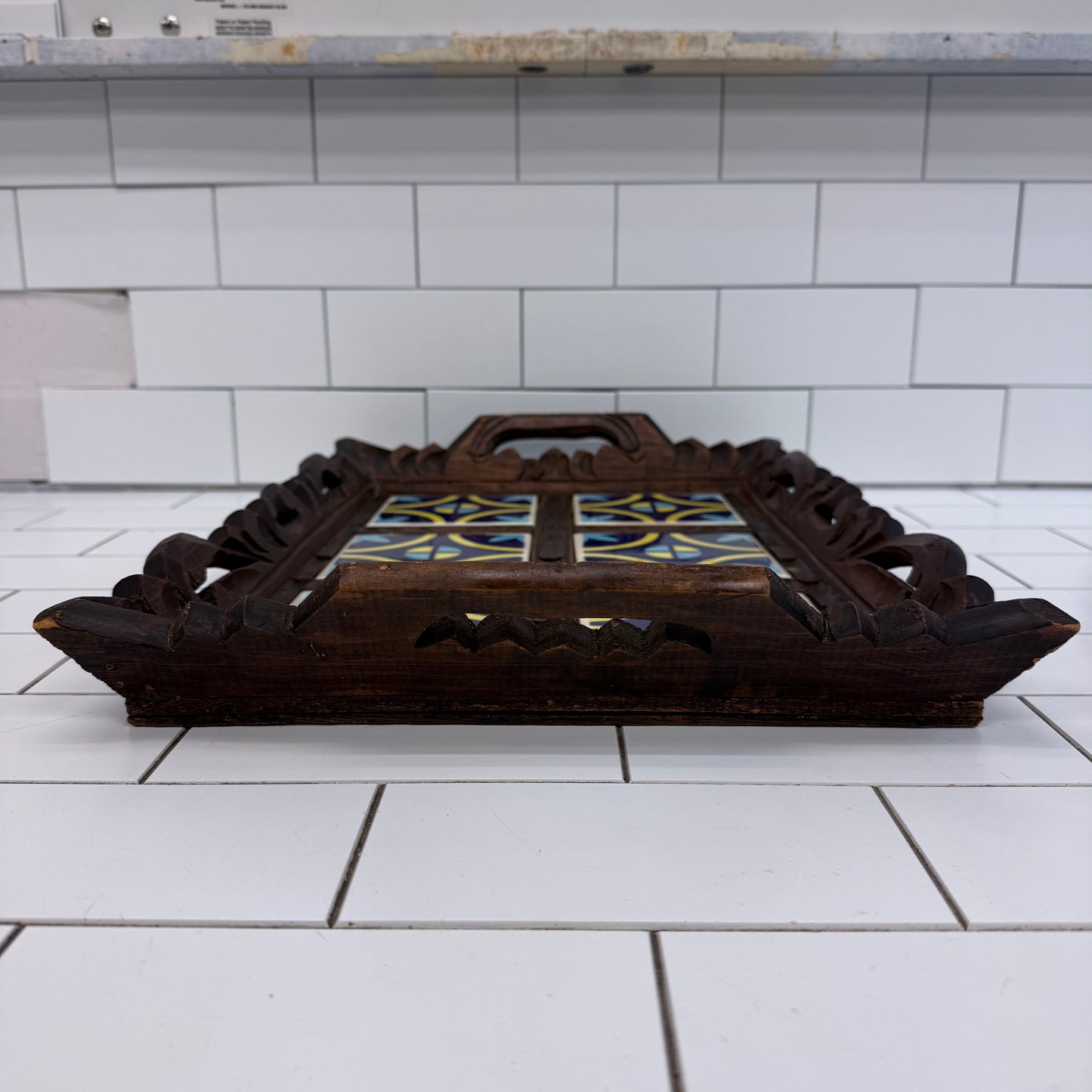 Carved Wood Ceramic Tile Serving Tray Vintage 20”