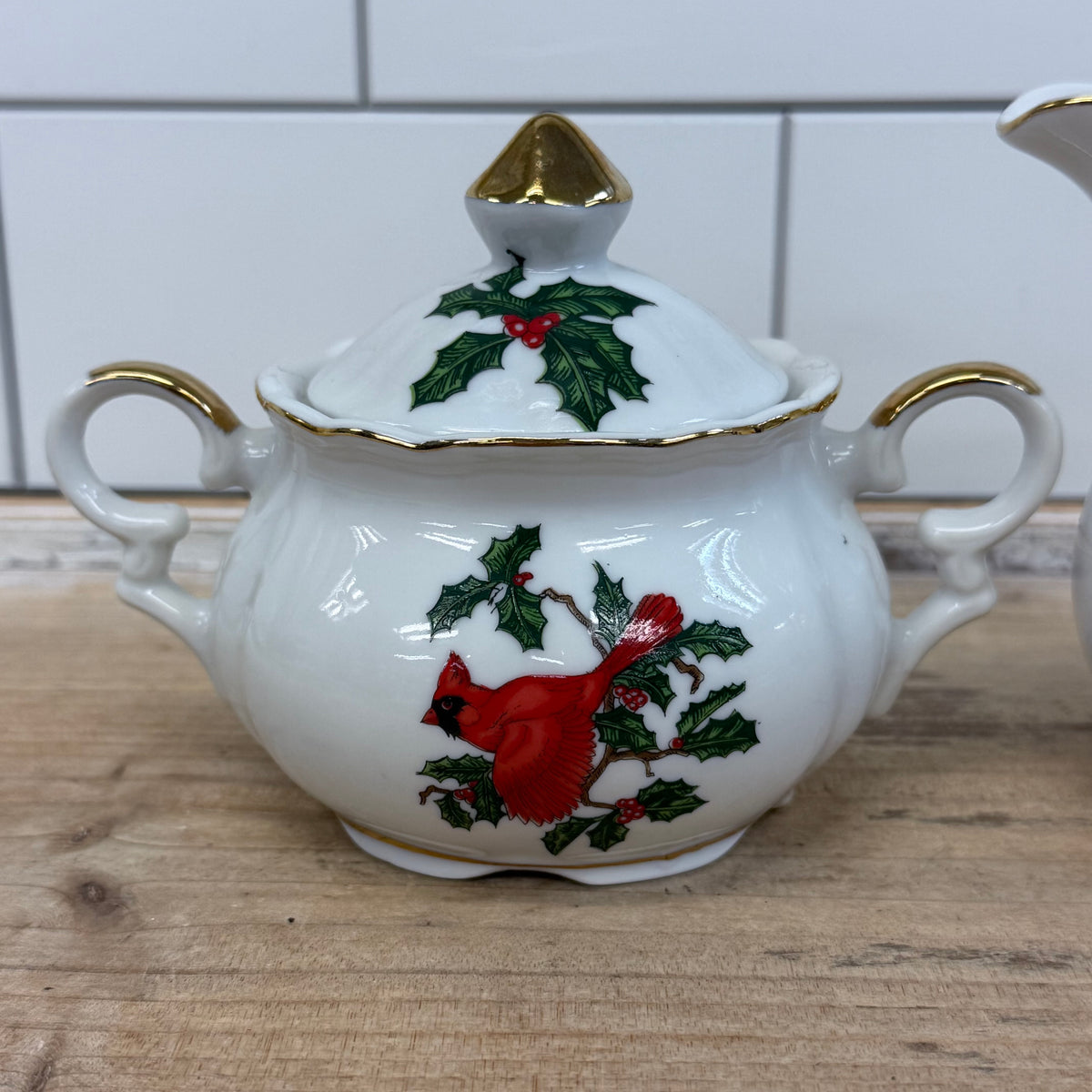Lefton Cardinal Holly Creamer & Sugar Bowl Christmas