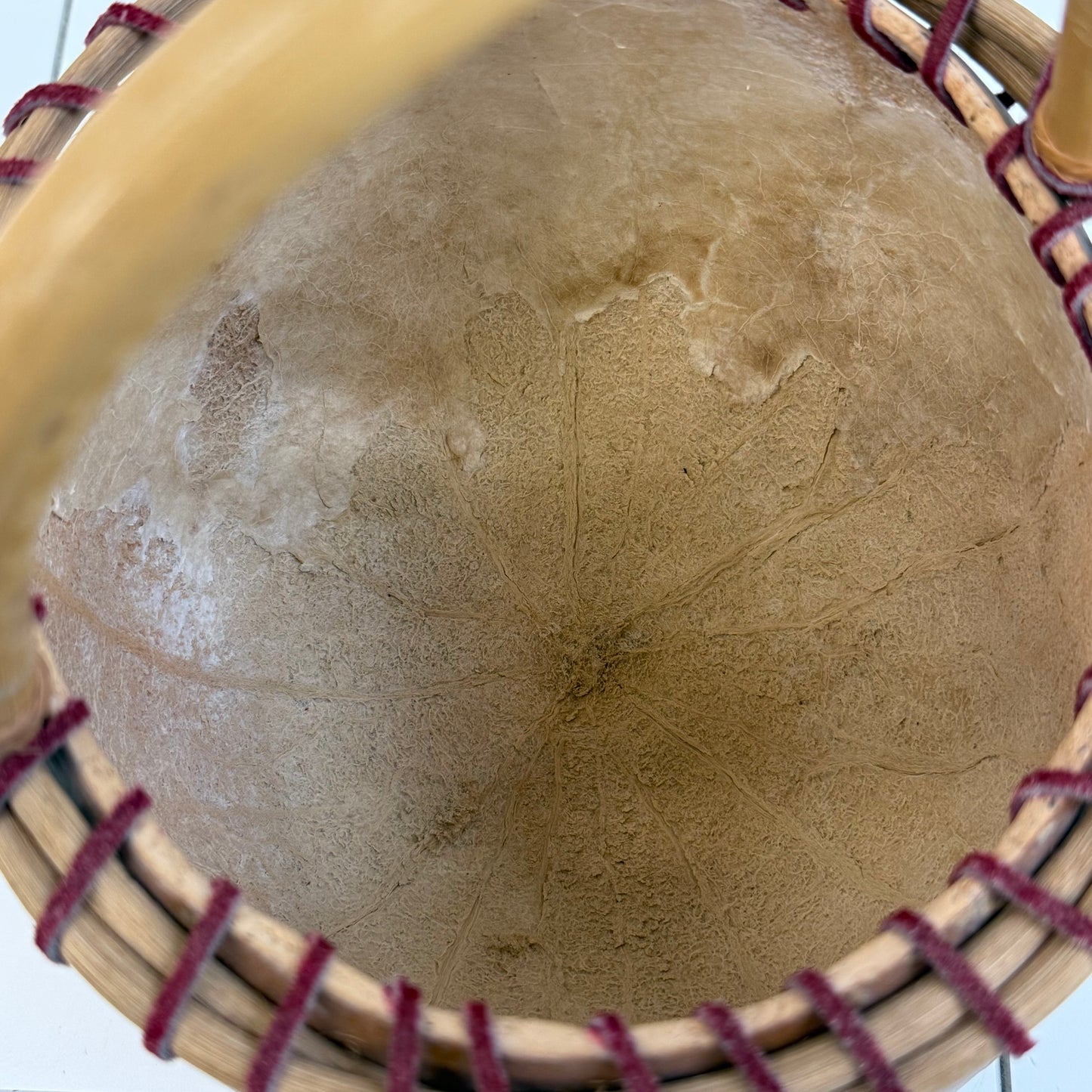 Handcrafted Signed Gourd Basket Bamboo Handle Folk Art 2000
